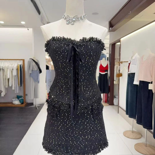 Load image into Gallery viewer, Elegant Spliced Tassels Two Piece Sets for Women Strapless Sleeveless Patchwork Lace Up Vest Mini Skirt Set Female
