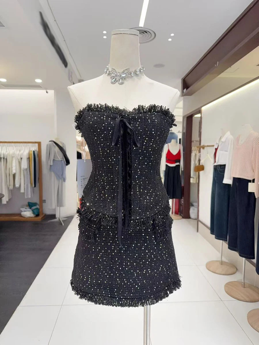 Elegant Spliced Tassels Two Piece Sets for Women Strapless Sleeveless Patchwork Lace Up Vest Mini Skirt Set Female