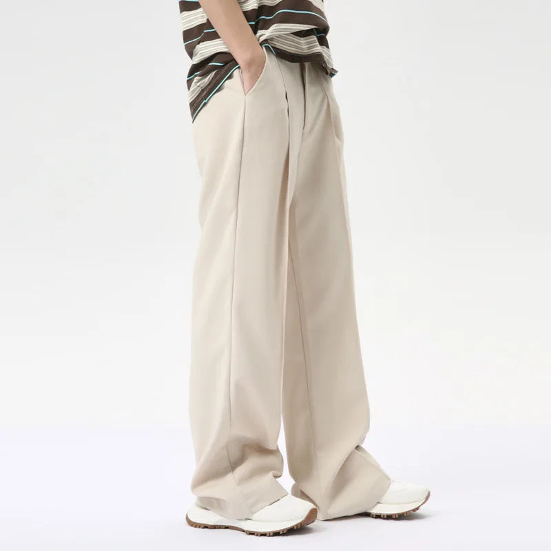 Fashion Men's Suit Pants Loose Belt Design Wide Leg Straight Casual Trousers Solid Color New Chic Summer 9C6278