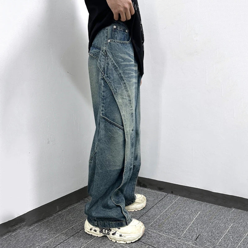 Men's Jeans New High Street American Style Splicing Design Niche Casual Distressed Trendy Worn-out Male Trousers 9W1770