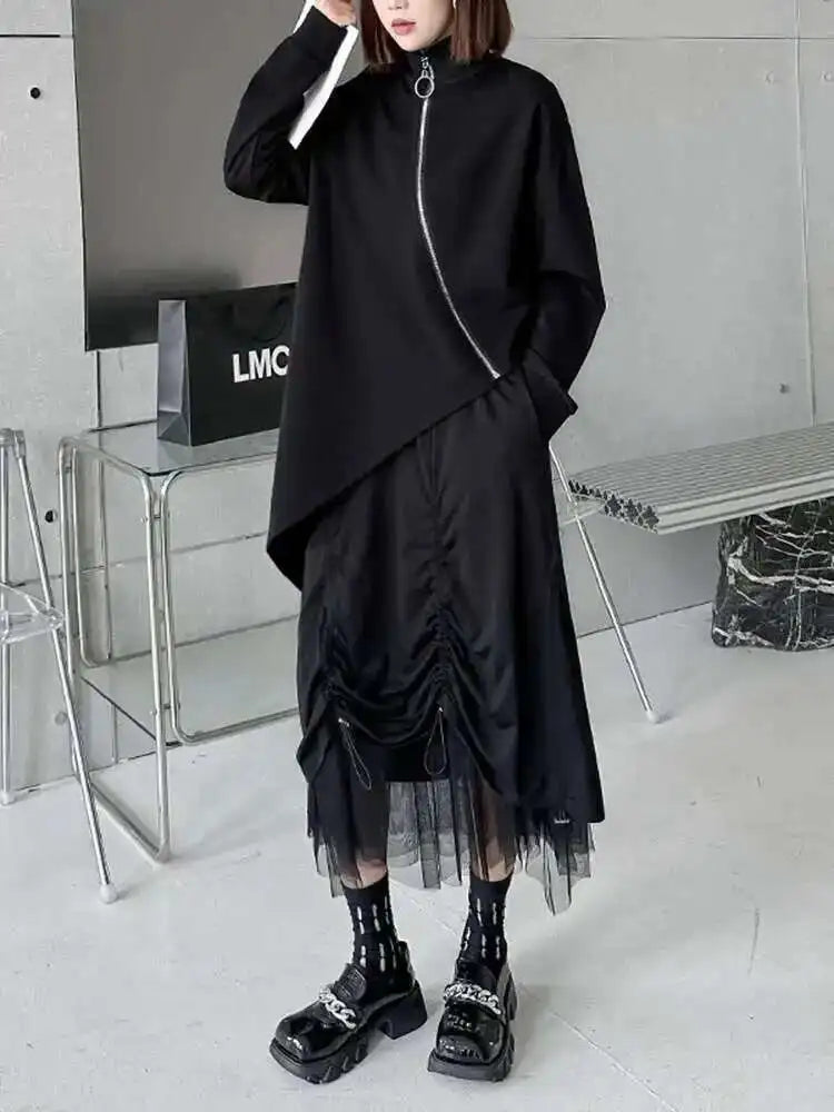 Women Black Big Size Irregular T-shirt New Turtleneck Long Sleeve Loose Fit Fashion Tide Spring Autumn 2025 1DH4338