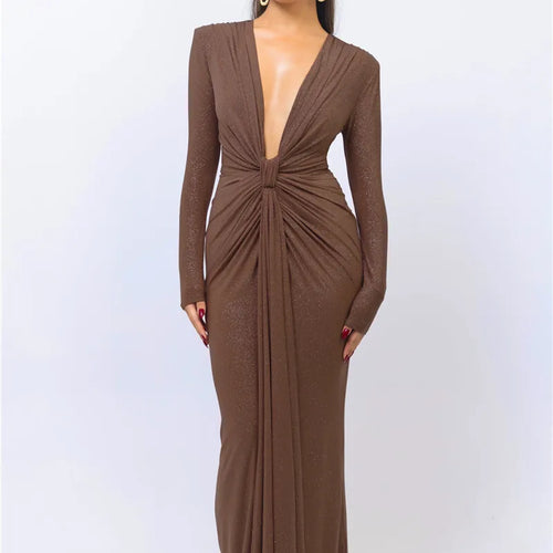 Load image into Gallery viewer, Glitter Deep V Neck Sexy Maxi Dress For Women Elegant Sparkle Long Sleeve Ruched Bodycon Split Club Party Sexy Dress

