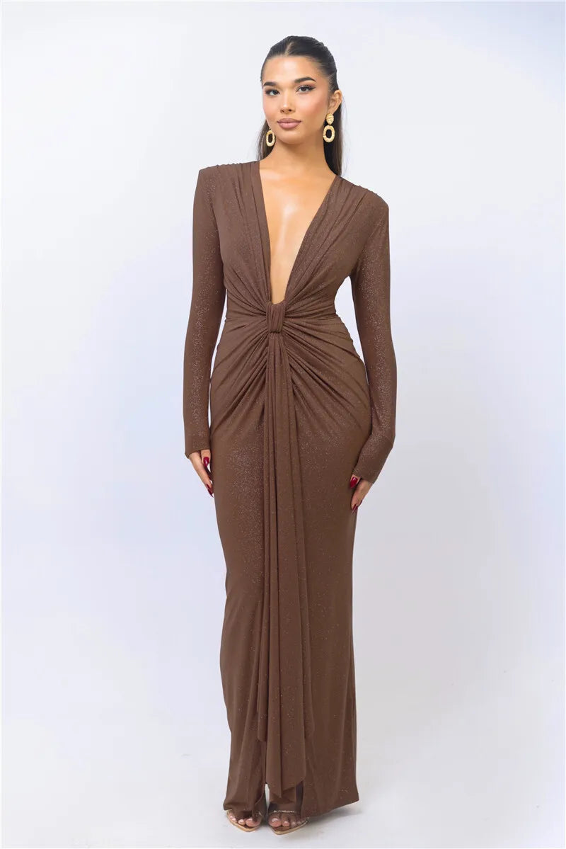 Glitter Deep V Neck Sexy Maxi Dress For Women Elegant Sparkle Long Sleeve Ruched Bodycon Split Club Party Sexy Dress