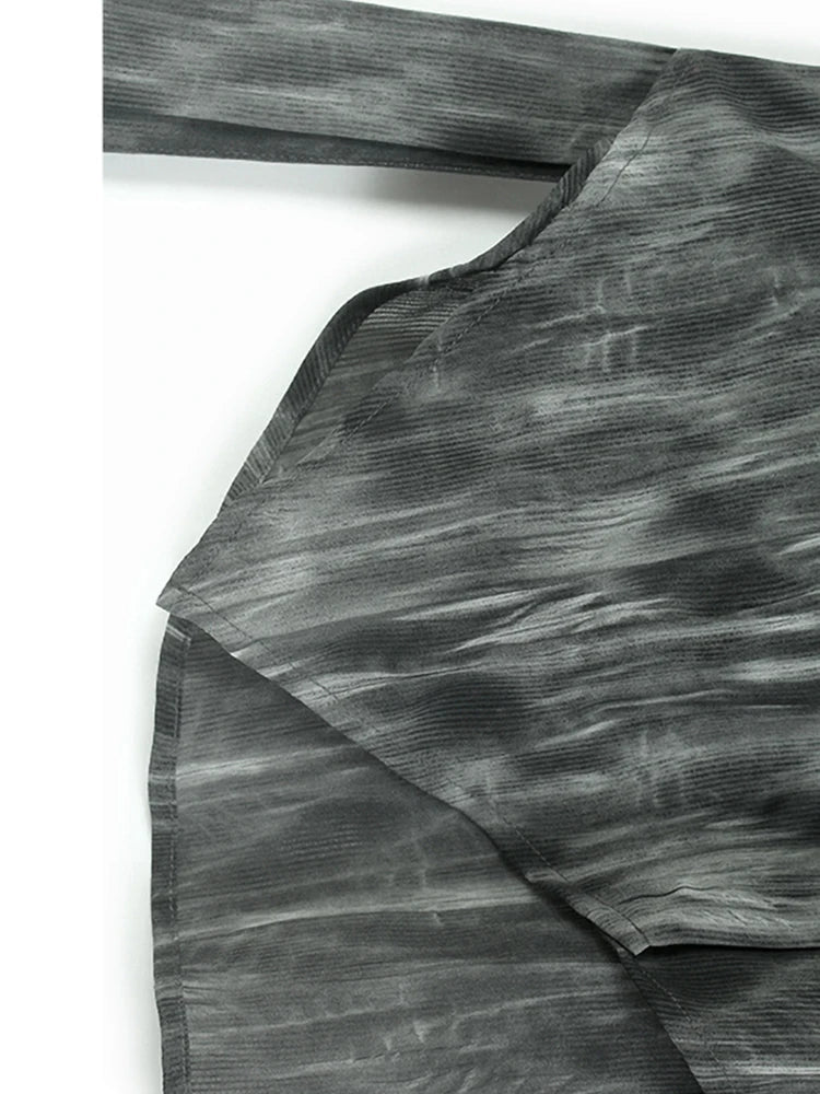 Women Dark Gray Tie Dye Ribbon Big Size Blouse New Lapel Short Sleeve Shirt Fashion Tide Spring Summer 2025 1DJ1047