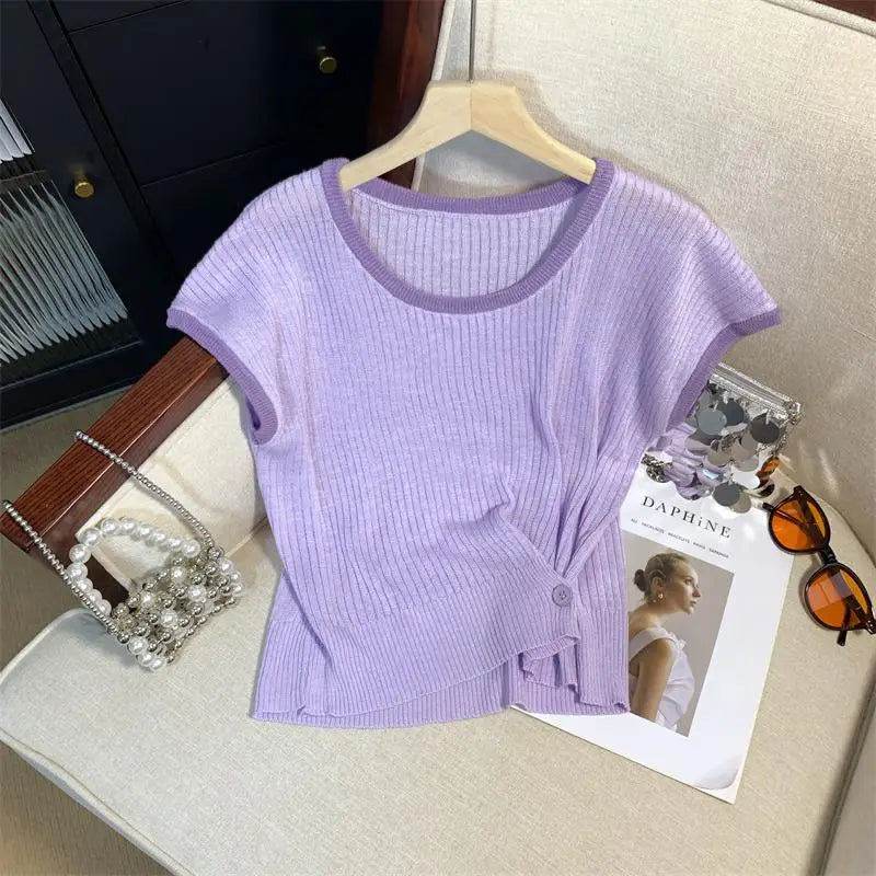 Women Summer Round Neck Patchwork Short Sleeves Knit T-shirt Fashion Festival Casual Ladies Street Button Design Top Popular New