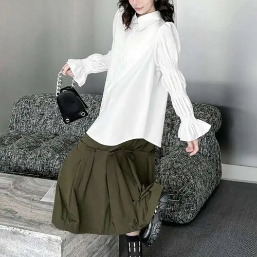Load image into Gallery viewer, Women White Big Size Casual Blouse New Lapel Long Lantern Sleeve Pleated Shirt Fashion Tide Spring Autumn 2025 1DH4459
