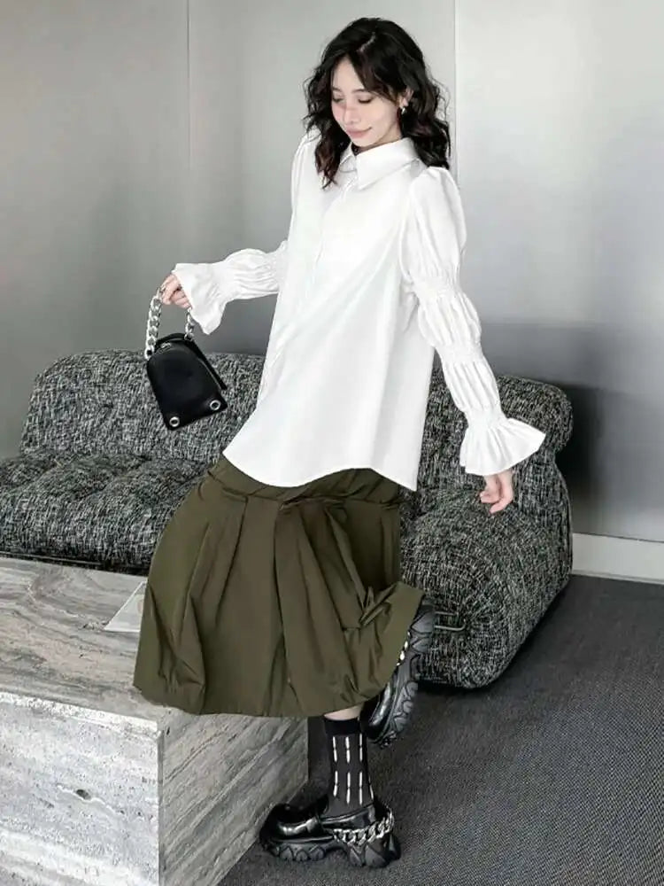 Women White Big Size Casual Blouse New Lapel Long Lantern Sleeve Pleated Shirt Fashion Tide Spring Autumn 2025 1DH4459