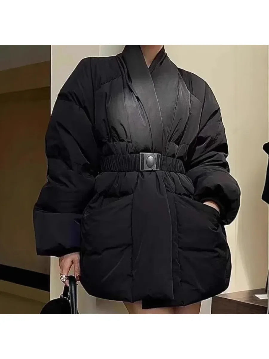 Solid Spliced Belt Loose Jackets for Women V Neck Long Sleeve Temperament Parkas Female Fashion Style