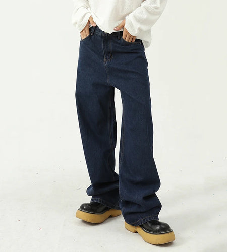 Men's Wear Straight Denim Pants Four Seasons New Korean Dark Blue Medium Waist Men Jeans Trendy Male Clothing 9W1991