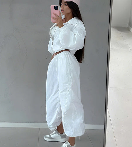 Sporty Stripe 2-Piece Set Women Zipper Crop Coats+Drawstring Trousers Skinny Casual Autumn Trend Simple Classic Suits