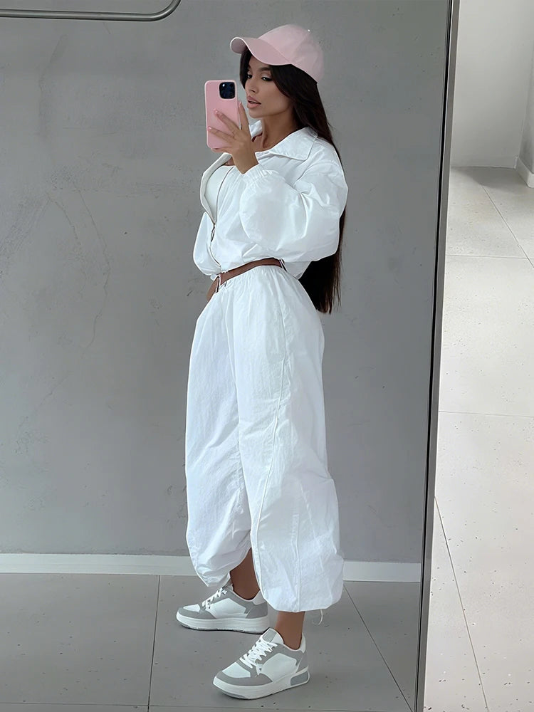 Sporty Stripe 2-Piece Set Women Zipper Crop Coats+Drawstring Trousers Skinny Casual Autumn Trend Simple Classic Suits