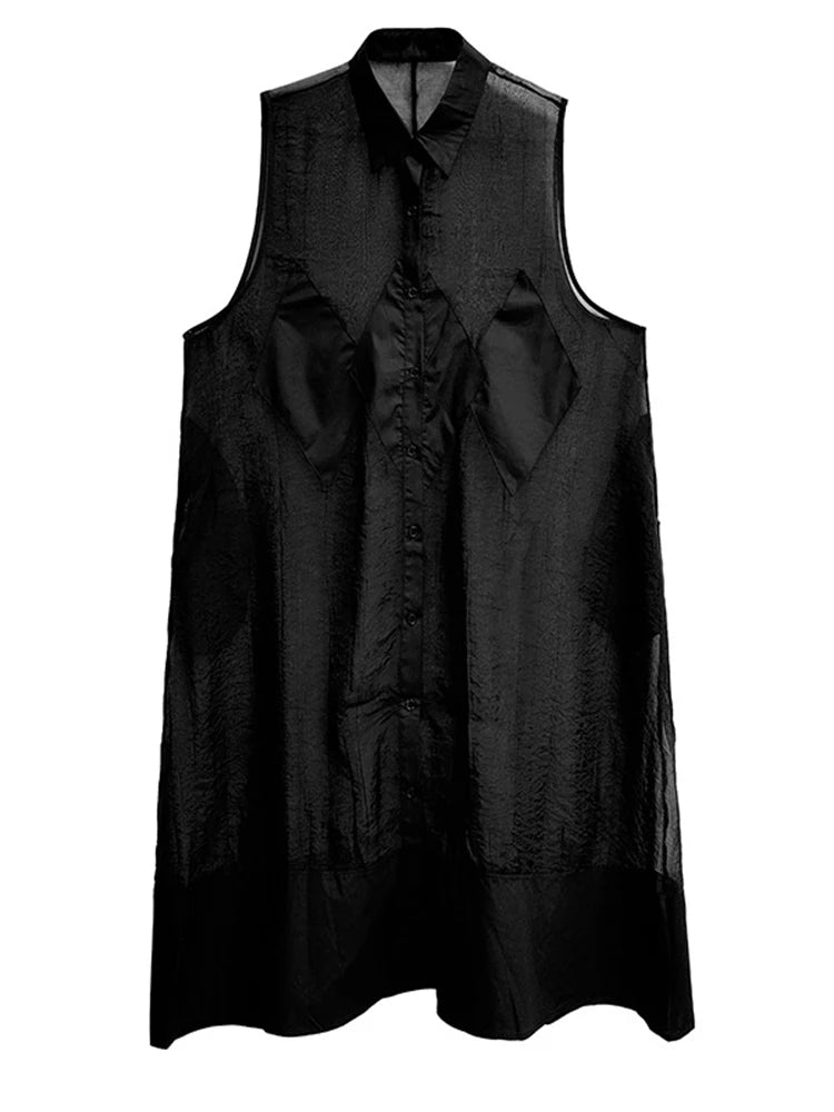 Women Black Mesh Perspective Big Size Long Shirt Dress New Lapel Sleeveless Fashion Tide Spring Summer 2025 1DH9517