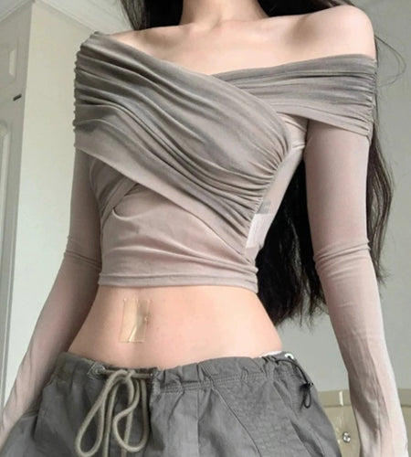 Vintage Slim Women Pleated Long Sleeve T-shirt Sexy Y2k Aesthetic Cross Irregular Tshirts Fashion Hollow Out Trend Chic Crop Top