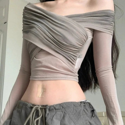 Load image into Gallery viewer, Vintage Slim Women Pleated Long Sleeve T-shirt Sexy Y2k Aesthetic Cross Irregular Tshirts Fashion Hollow Out Trend Chic Crop Top
