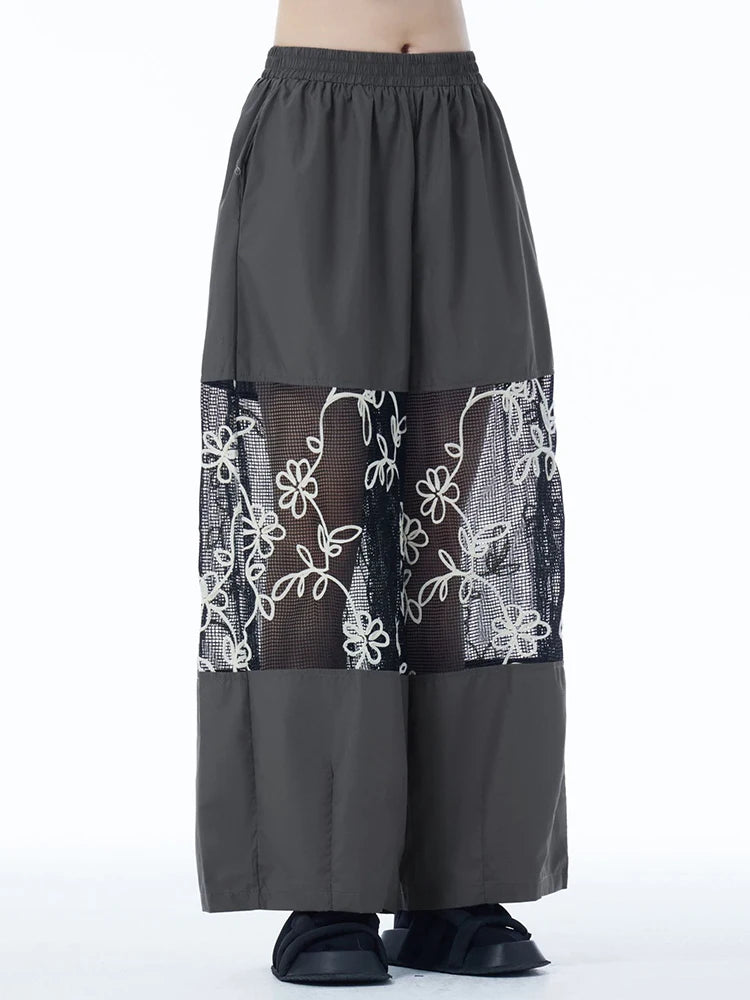 High Elastic Waist Black Grid Hollow Out Thin Wide Leg Pants New Trousers Women Fashion Tide Spring Autumn 2025 1DJ1246