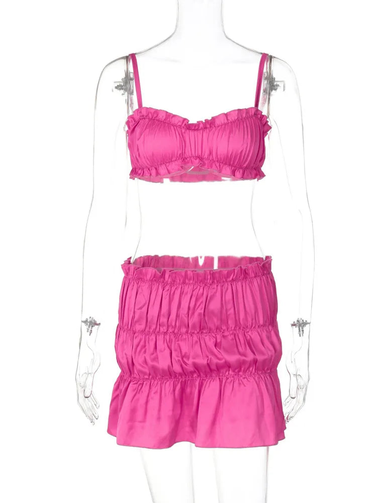 Sexy Sleeveless Bra Top Short Skirt Two-piece Set For Women 2024 Autumn New Pleated Skirt Set Slim Party Beach Holiday