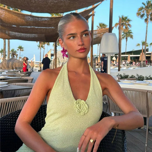 Load image into Gallery viewer, Deep V Neck High Split Maxi Dress For Women Gown Halter Flower Backless Sleeveless Bodycon Knit Long Dress Elegant
