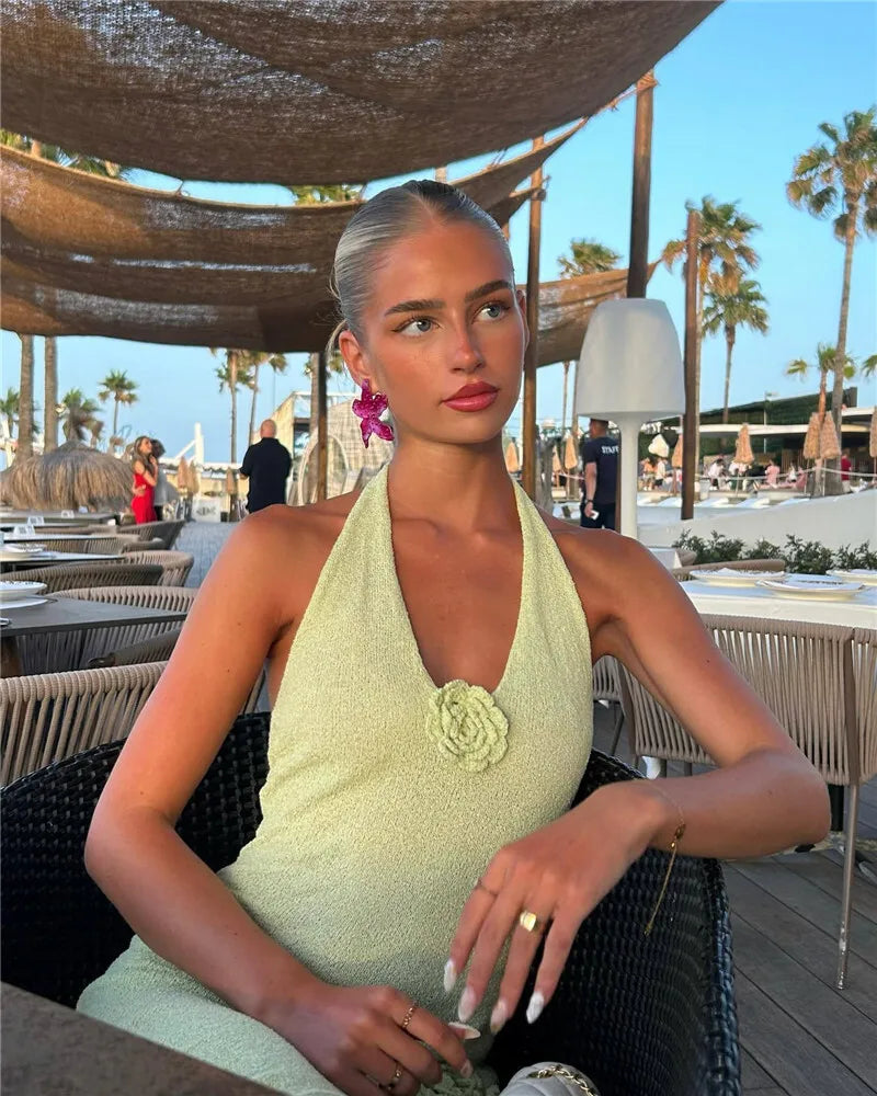 Deep V Neck High Split Maxi Dress For Women Gown Halter Flower Backless Sleeveless Bodycon Knit Long Dress Elegant