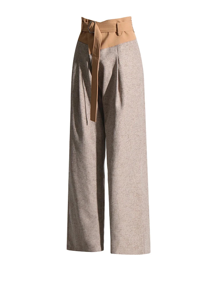 Colorblock Patchwork Belt Casual Loose Trousers For Women High Waist Spliced Pockets Temperament Wide Leg Pants Female