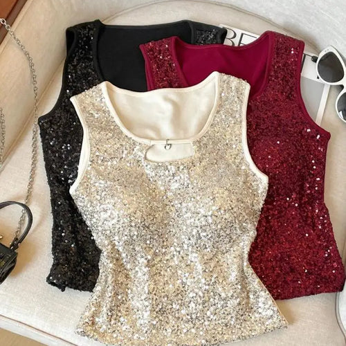 Load image into Gallery viewer, French Women Black Beige Sequin Elegant Sleeveless Vest Summer New Red Hollow Out Round Neck Holiday Short Tank Top Popular Chic
