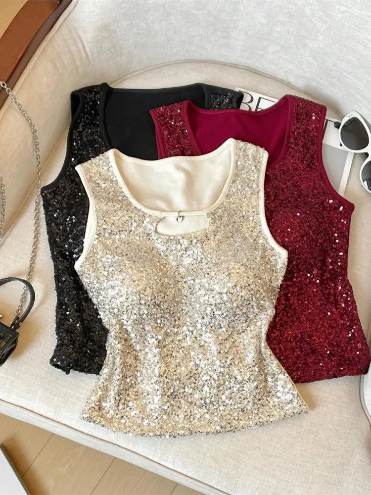 French Women Black Beige Sequin Elegant Sleeveless Vest Summer New Red Hollow Out Round Neck Holiday Short Tank Top Popular Chic
