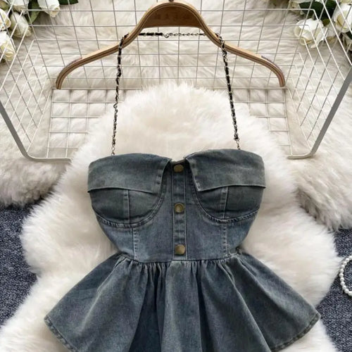 Load image into Gallery viewer, Women Blue Gray Sexy Club Vacation Denim Slim Short Halter Tops Summer Black Backless Ruffle Edge Party Jean Vest Streetwear New
