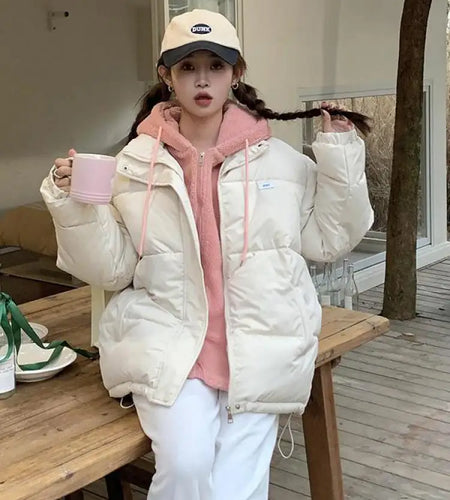 Women Autumn Winter New Beige Patchwork Long Sleeve Short Down Cotton Jacket Black Hooded Warm Elegant Coat Casual Thick Clothes