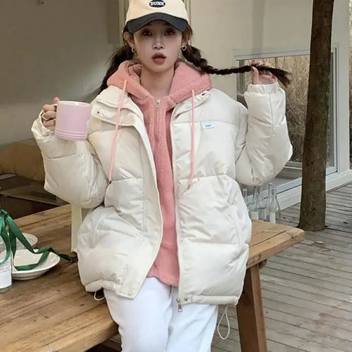 Load image into Gallery viewer, Women Autumn Winter New Beige Patchwork Long Sleeve Short Down Cotton Jacket Black Hooded Warm Elegant Coat Casual Thick Clothes
