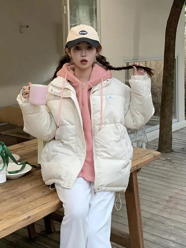 Women Autumn Winter New Beige Patchwork Long Sleeve Short Down Cotton Jacket Black Hooded Warm Elegant Coat Casual Thick Clothes