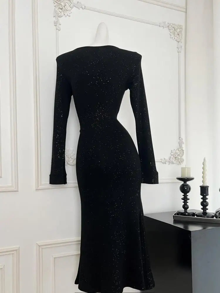 Vintage Women Korean Black Elegant Slim Sequined Fishtail Dress Autumn Grey Square Neck Long Sleeve Vacation Evening Party Dress