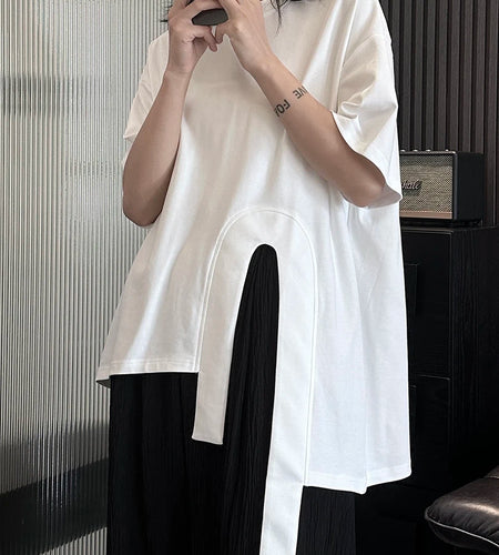 Women White Hem Irregular Spliced Big Size Casual T-shirt New Round Neck Short Sleeve Fashion Spring Summer 2025 1DH5508