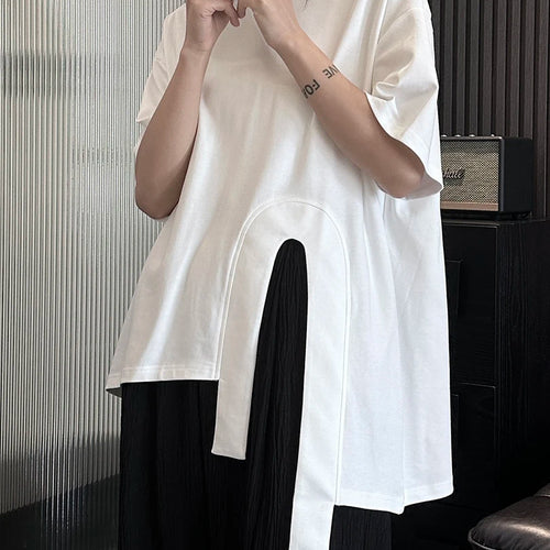Load image into Gallery viewer, Women White Hem Irregular Spliced Big Size Casual T-shirt New Round Neck Short Sleeve Fashion Spring Summer 2025 1DH5508
