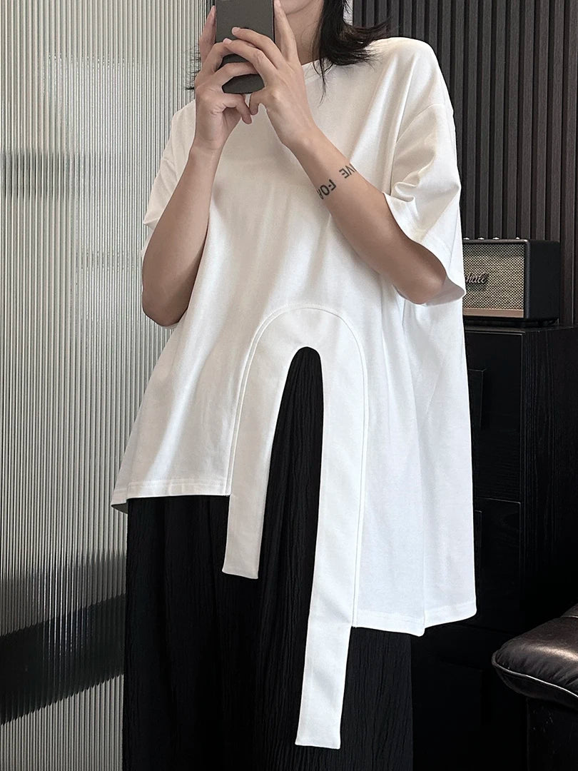 Women White Hem Irregular Spliced Big Size Casual T-shirt New Round Neck Short Sleeve Fashion Spring Summer 2025 1DH5508