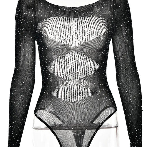 Load image into Gallery viewer, Sexy Mesh Hollow Out Long Sleeve Bodysuit Women Elastic Slim Perspective Shiny Jumpsuit Female Party Club Autumn 2023
