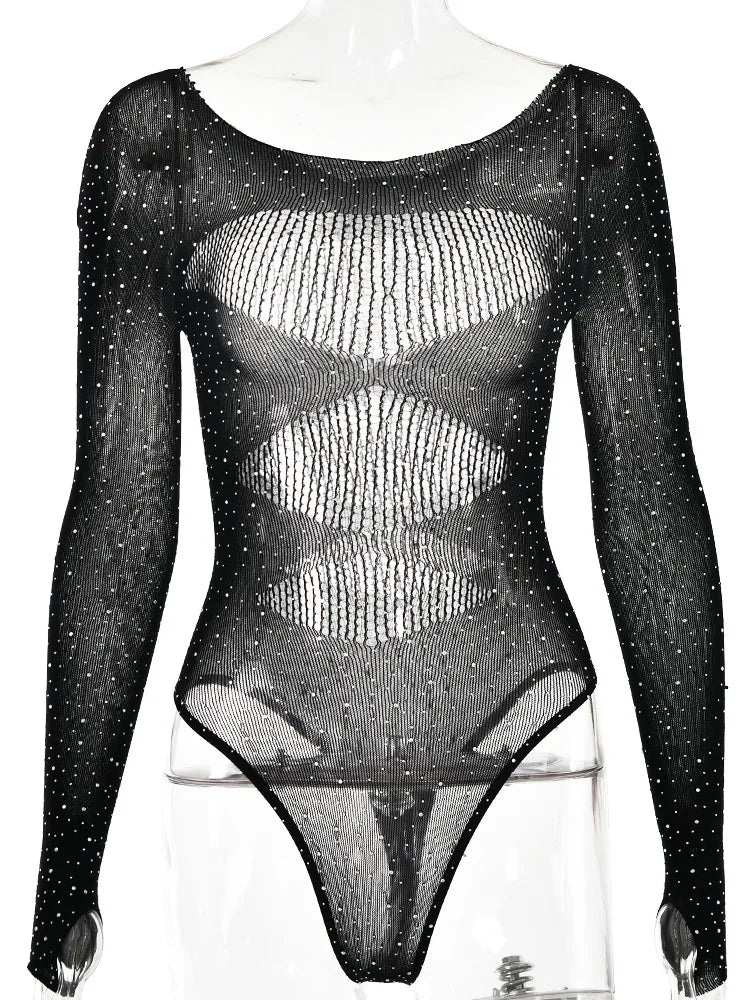 Sexy Mesh Hollow Out Long Sleeve Bodysuit Women Elastic Slim Perspective Shiny Jumpsuit Female Party Club Autumn 2023