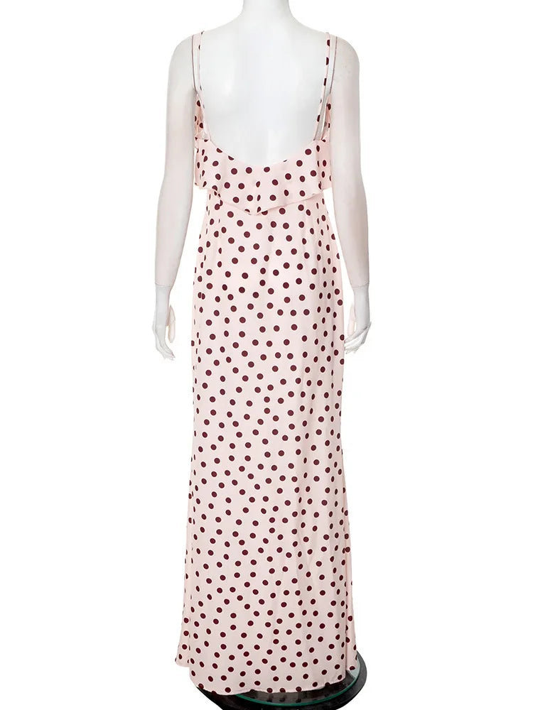 Rose Polka Dot Maxi Dress For Women Gown Spaghetti Strap Off-shoulder Sleeveless Backless Elegant Evening Club Dress