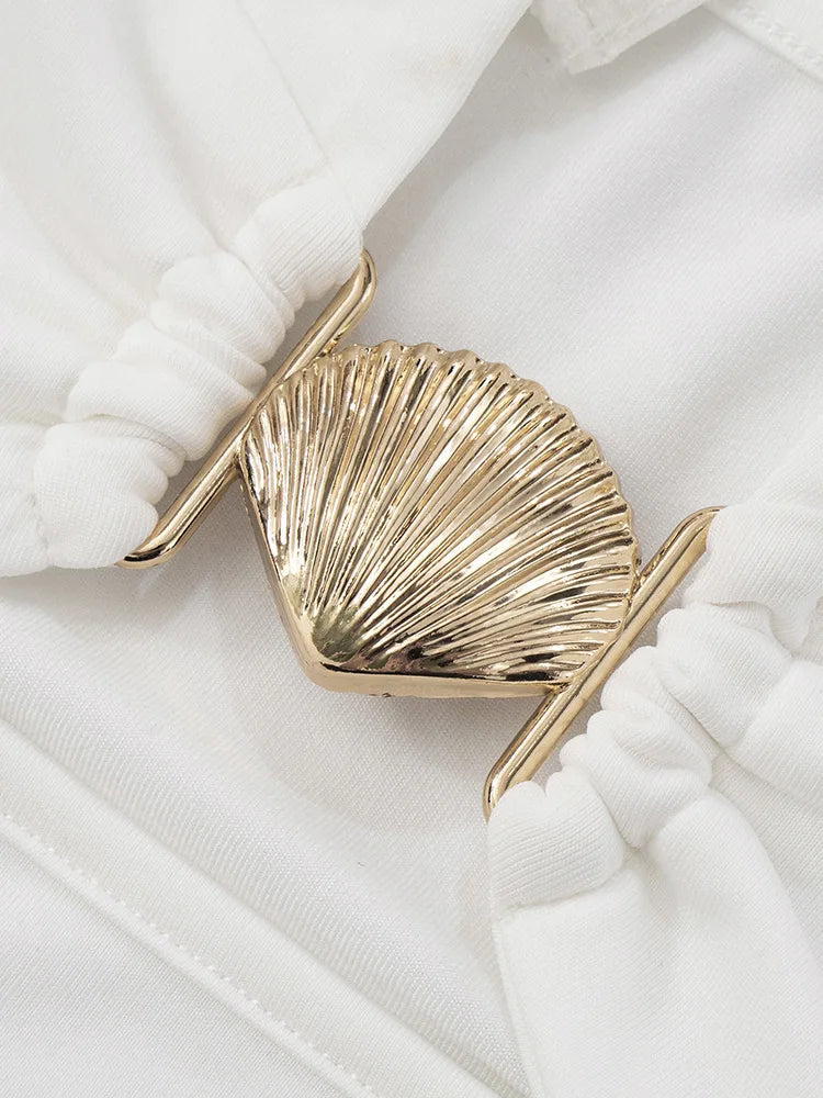 Hollow Out Deep V Neck Sexy Mini Dress Women Summer New Metal Shell Sleeveless Backless Ruffle Club Party Dress 2025