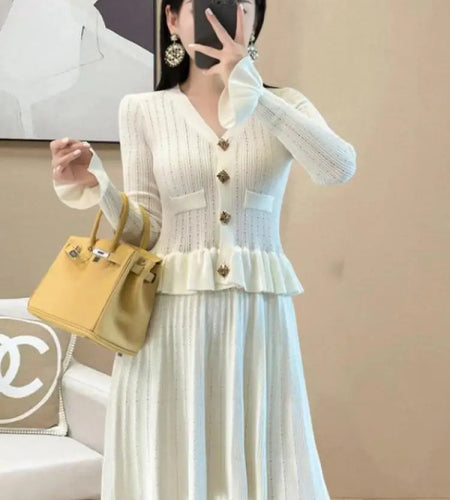 French Retro Women Black White V Neck Elegant Slim Long Sleeved Ruffles Dress Spring Single Breasted Office Knitted Short Dress