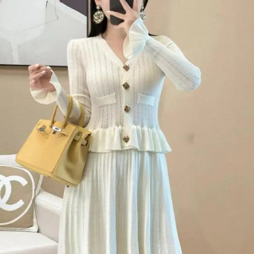 Load image into Gallery viewer, French Retro Women Black White V Neck Elegant Slim Long Sleeved Ruffles Dress Spring Single Breasted Office Knitted Short Dress
