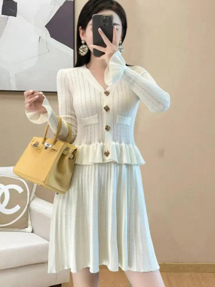 French Retro Women Black White V Neck Elegant Slim Long Sleeved Ruffles Dress Spring Single Breasted Office Knitted Short Dress