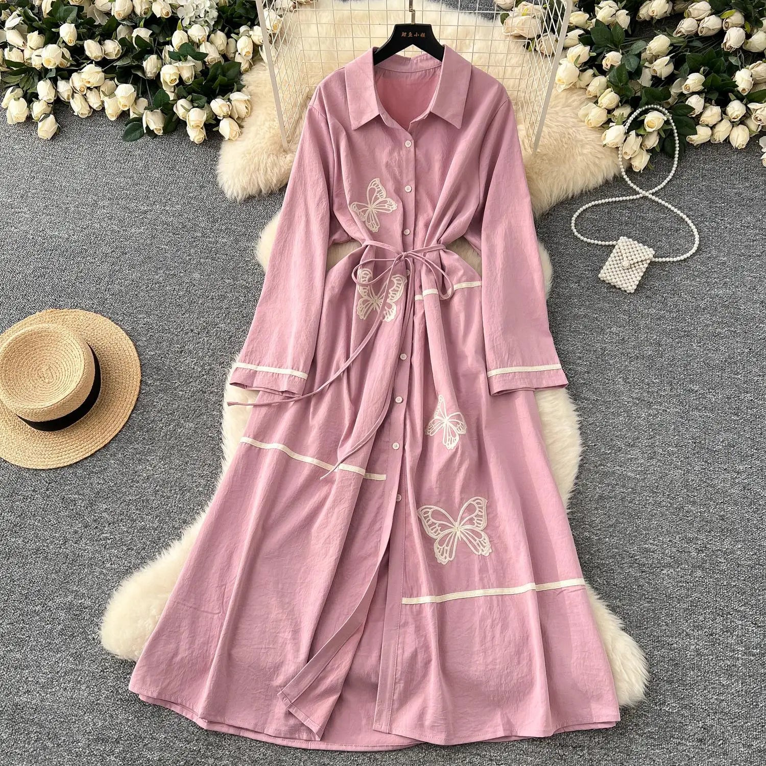 French Women Butterfly Embroidery Elegant Lace-up Shirt Long Dress 2025 Autumn New Retro Long Sleeved Button Holiday Party Dress