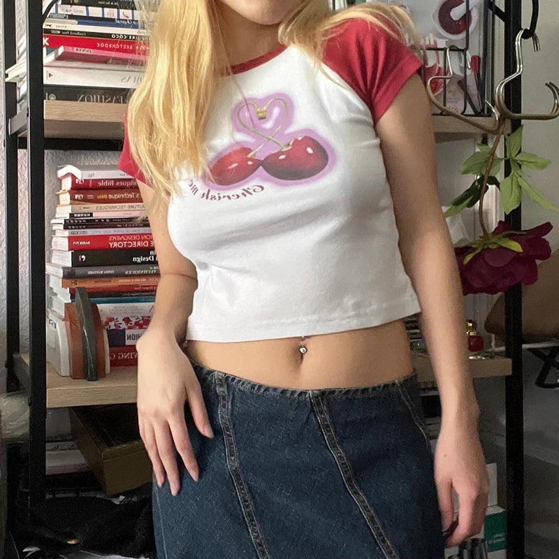 Cute Short Sleeve Cherry Print Graphic T shirt Women Baby Tee Raglan Sleeve Contrast Korean Summer Crop Tops Clothing