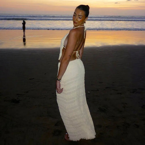 Load image into Gallery viewer, Chiffon Lace Sexy Skirt Two Piece Sets Women Halter Crop Tops And Maxi Skirt Ladies Fashion Woman Long Dress Set
