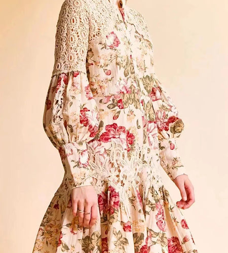 Vintage Print Floral Dress For Women Stand Collar Long Sleeve Patchwork Embroidery High Waist Mini Dresses Female 2022 Style