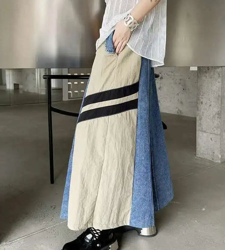 High Elastic Waist Apricot Striped Denim Color-block Half-body Skirt Women Fashion Tide New Spring Autumn 2025  1DH6462