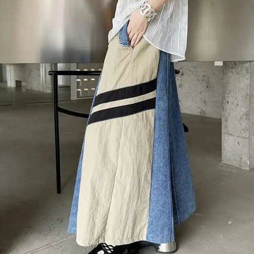Load image into Gallery viewer, High Elastic Waist Apricot Striped Denim Color-block Half-body Skirt Women Fashion Tide New Spring Autumn 2025  1DH6462
