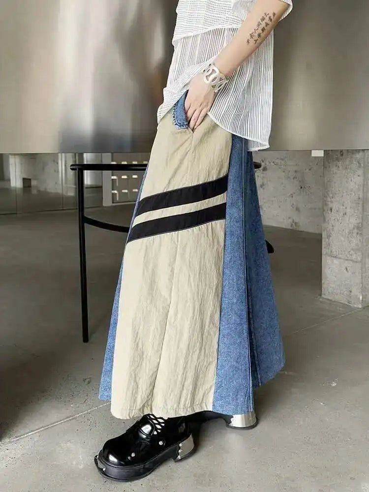 High Elastic Waist Apricot Striped Denim Color-block Half-body Skirt Women Fashion Tide New Spring Autumn 2025  1DH6462
