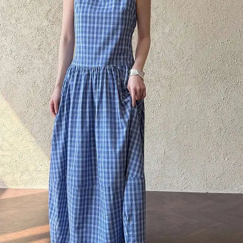 Load image into Gallery viewer, Women Dark Blue Plaid Pocket Vintage Long Elegant Vest Dress New V-Neck Sleeveless Fashion Tide Spring Summer 2025 1DJ0667
