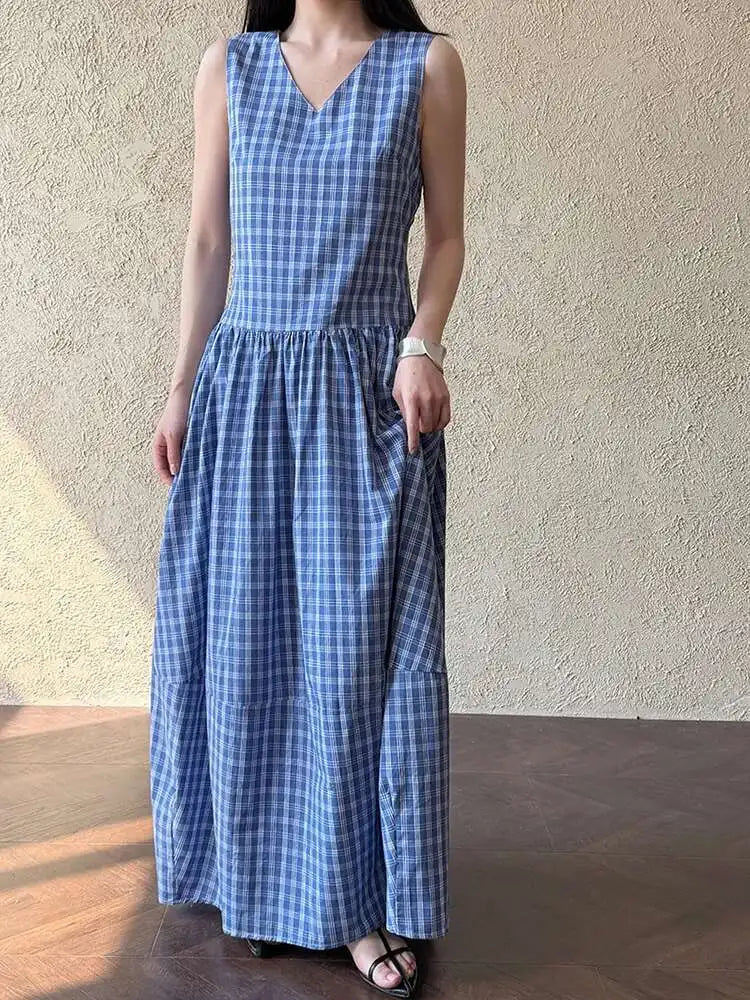 Women Dark Blue Plaid Pocket Vintage Long Elegant Vest Dress New V-Neck Sleeveless Fashion Tide Spring Summer 2025 1DJ0667