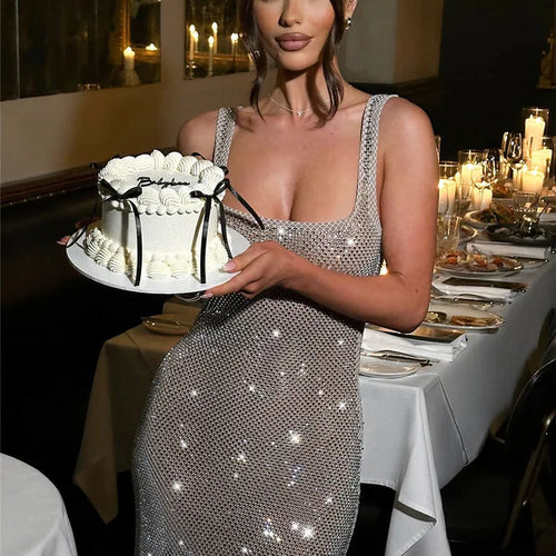 Load image into Gallery viewer, Sequins Backless Sexy Maxi Dress For Women Gown Fashion Sparkle Square Collar Sleeveless Bodycon Club Long Dress
